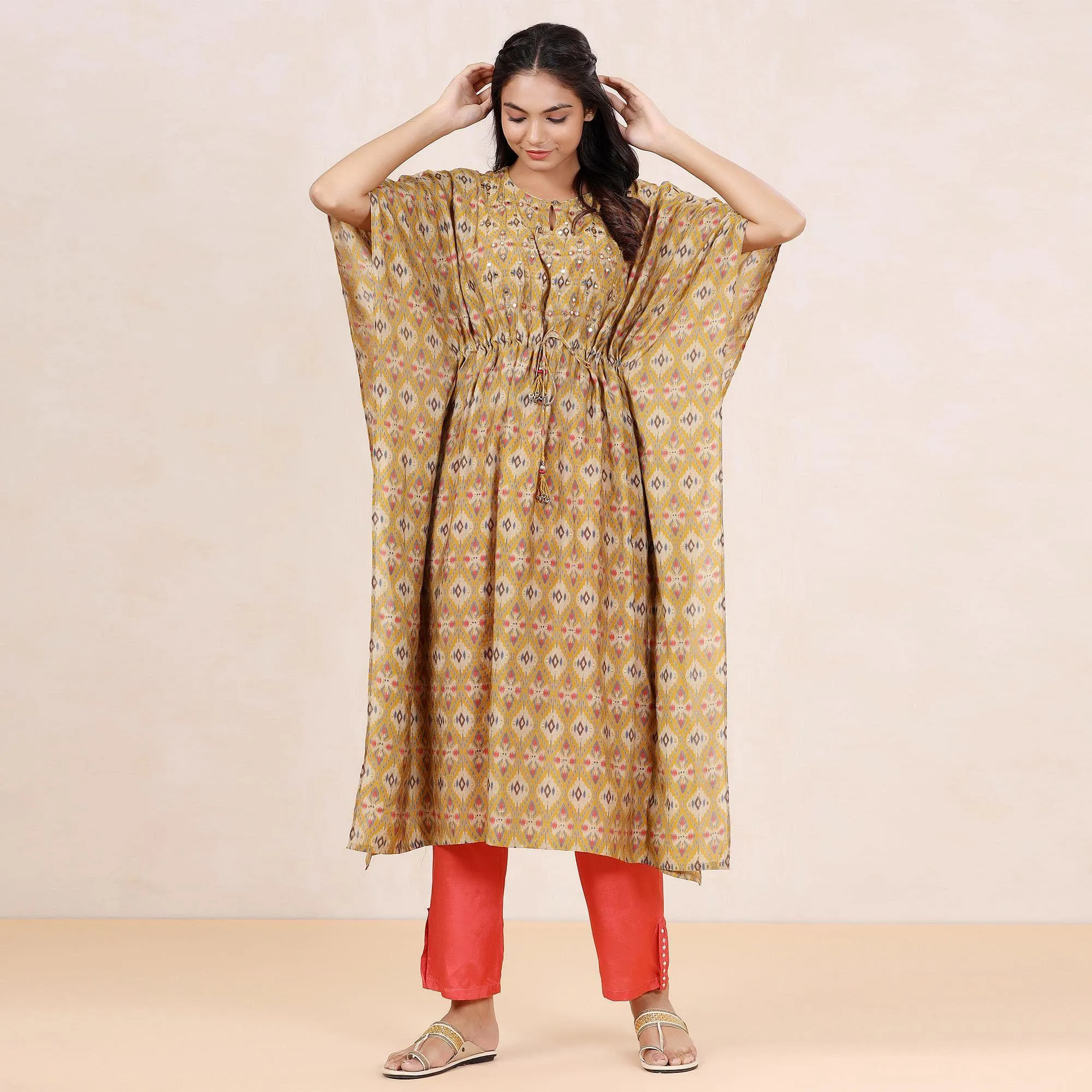 Beige Casual Wear Printed Cotton Kaftan - Pant Set