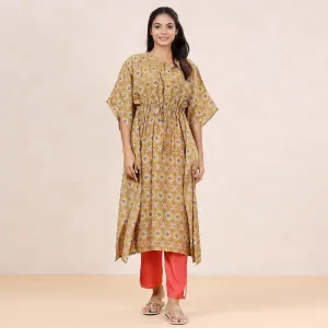 Beige Casual Wear Printed Cotton Kaftan - Pant Set
