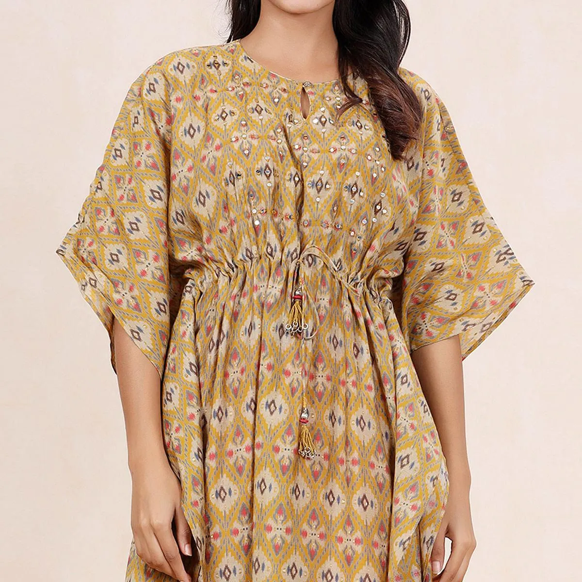 Beige Casual Wear Printed Cotton Kaftan - Pant Set