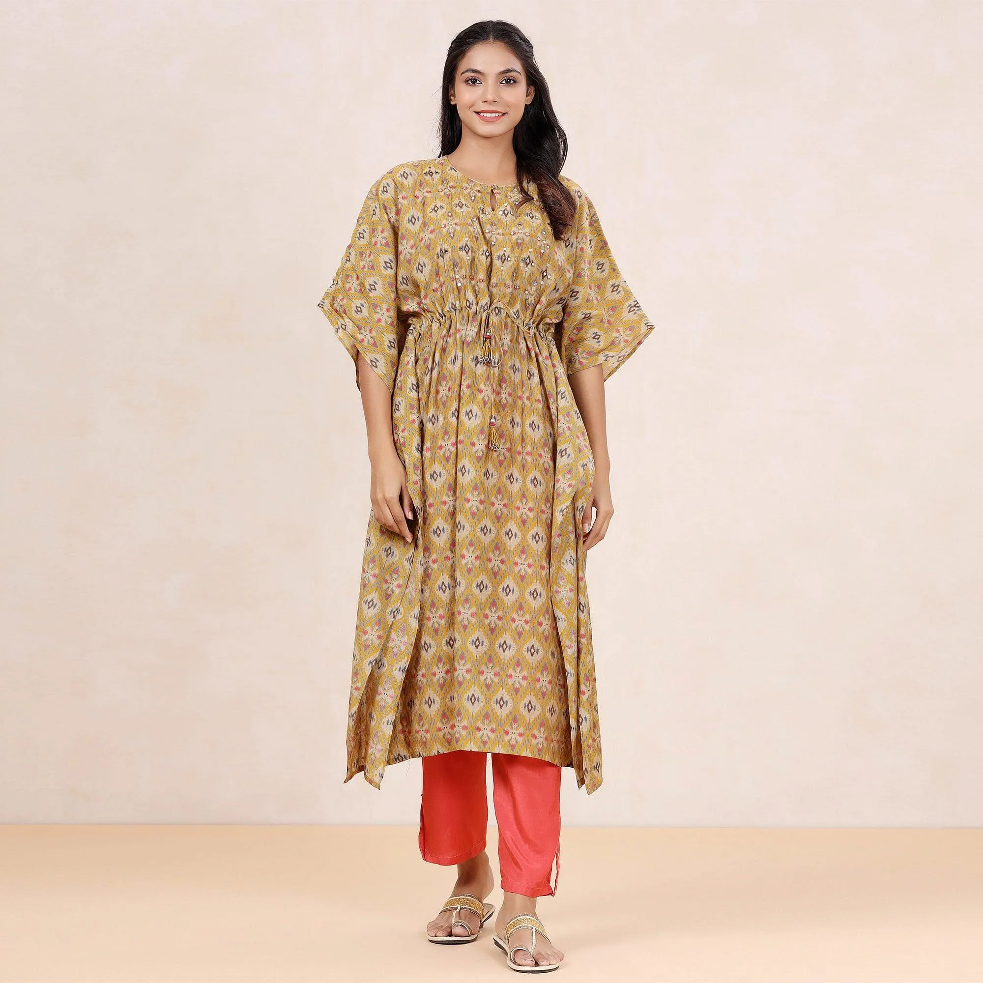 Beige Casual Wear Printed Cotton Kaftan - Pant Set