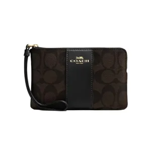 Coach Corner Zip Wristlet In Signature Canvas Brown/Black