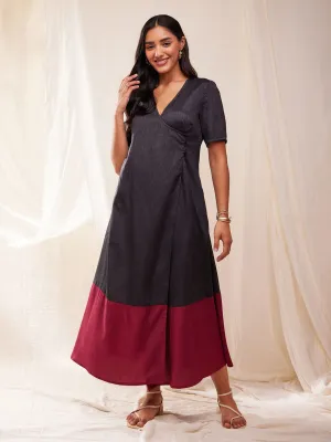 Colour Block Wrap Dress - Grey & Magenta