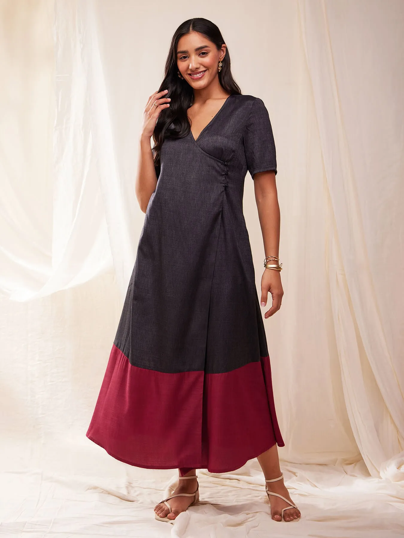 Colour Block Wrap Dress - Grey & Magenta