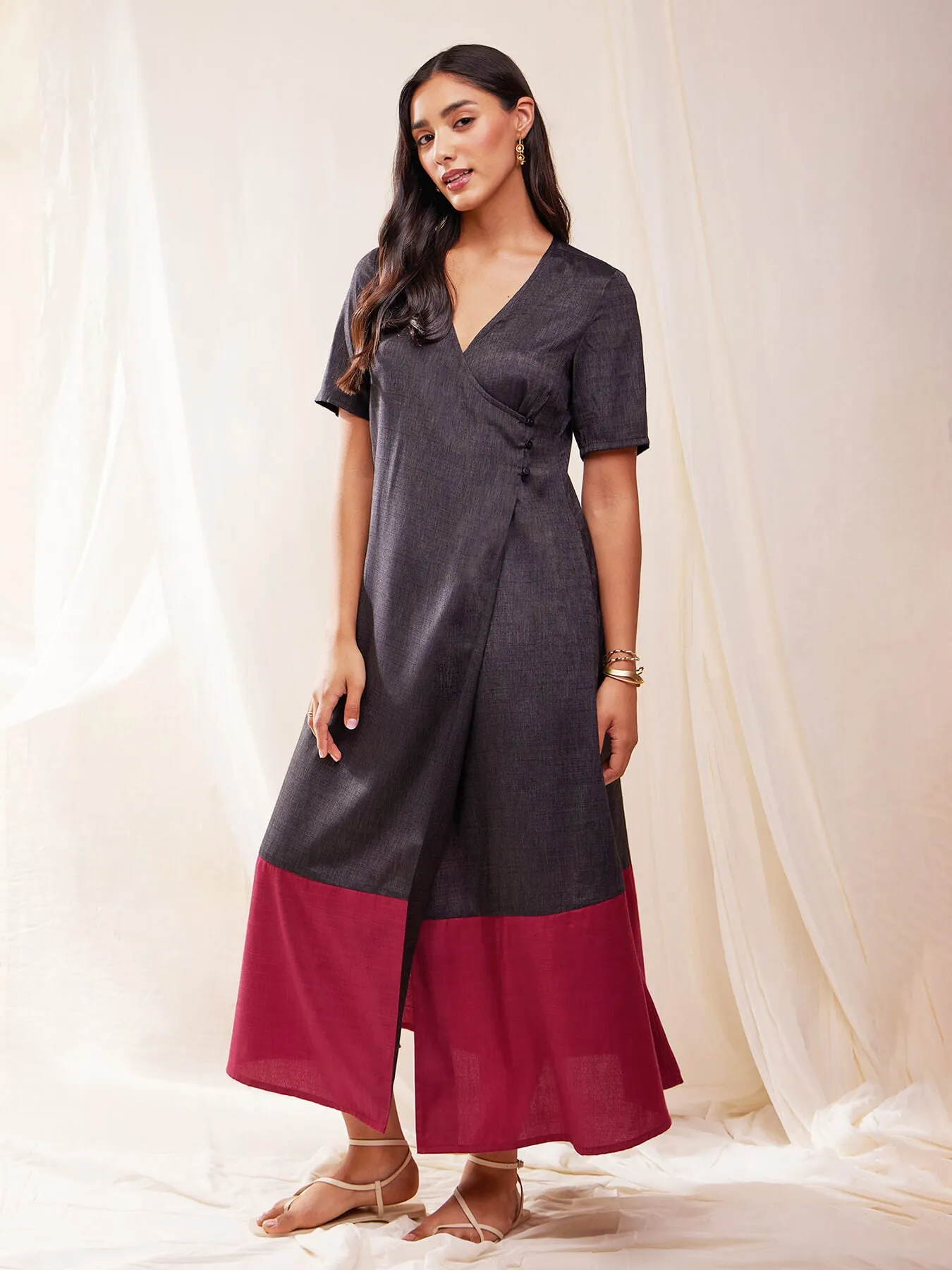 Colour Block Wrap Dress - Grey & Magenta