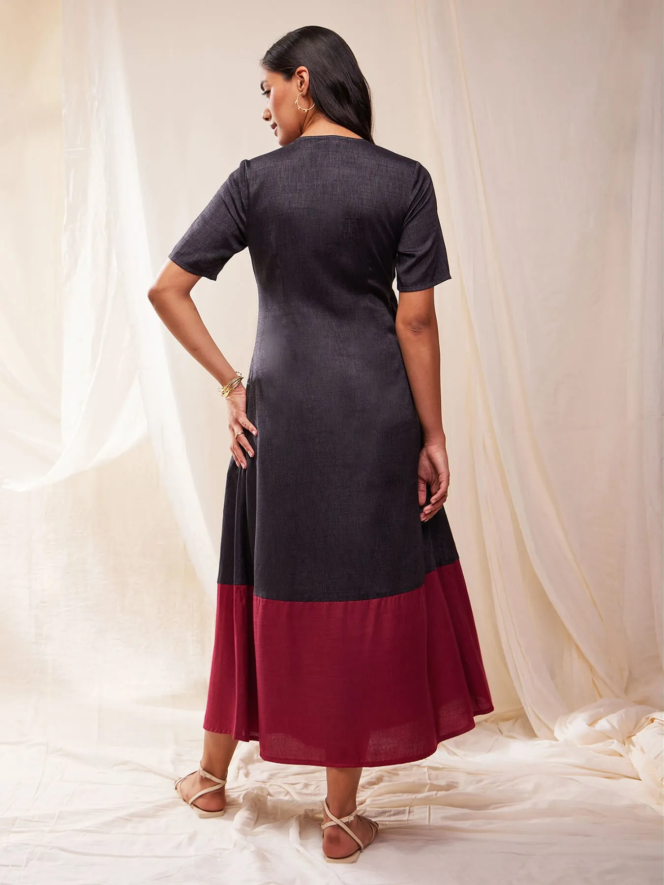 Colour Block Wrap Dress - Grey & Magenta