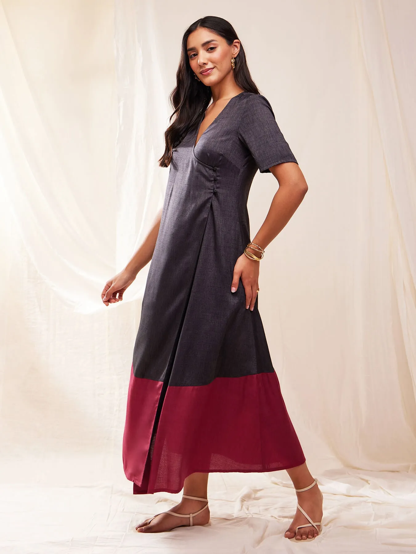 Colour Block Wrap Dress - Grey & Magenta