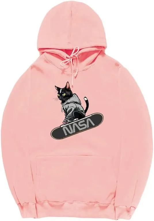 CORIRESHA Teen Cute Cat Skateboarding Hoodie Casual Long Sleeve Drawstring Basic NASA Sweatshirt