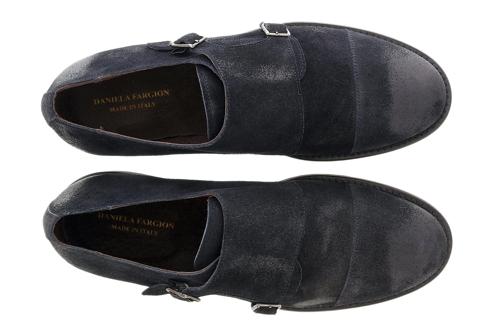 DANIELA FARGION Black Leather Suede Double Monk Distressed Strap Shoes-