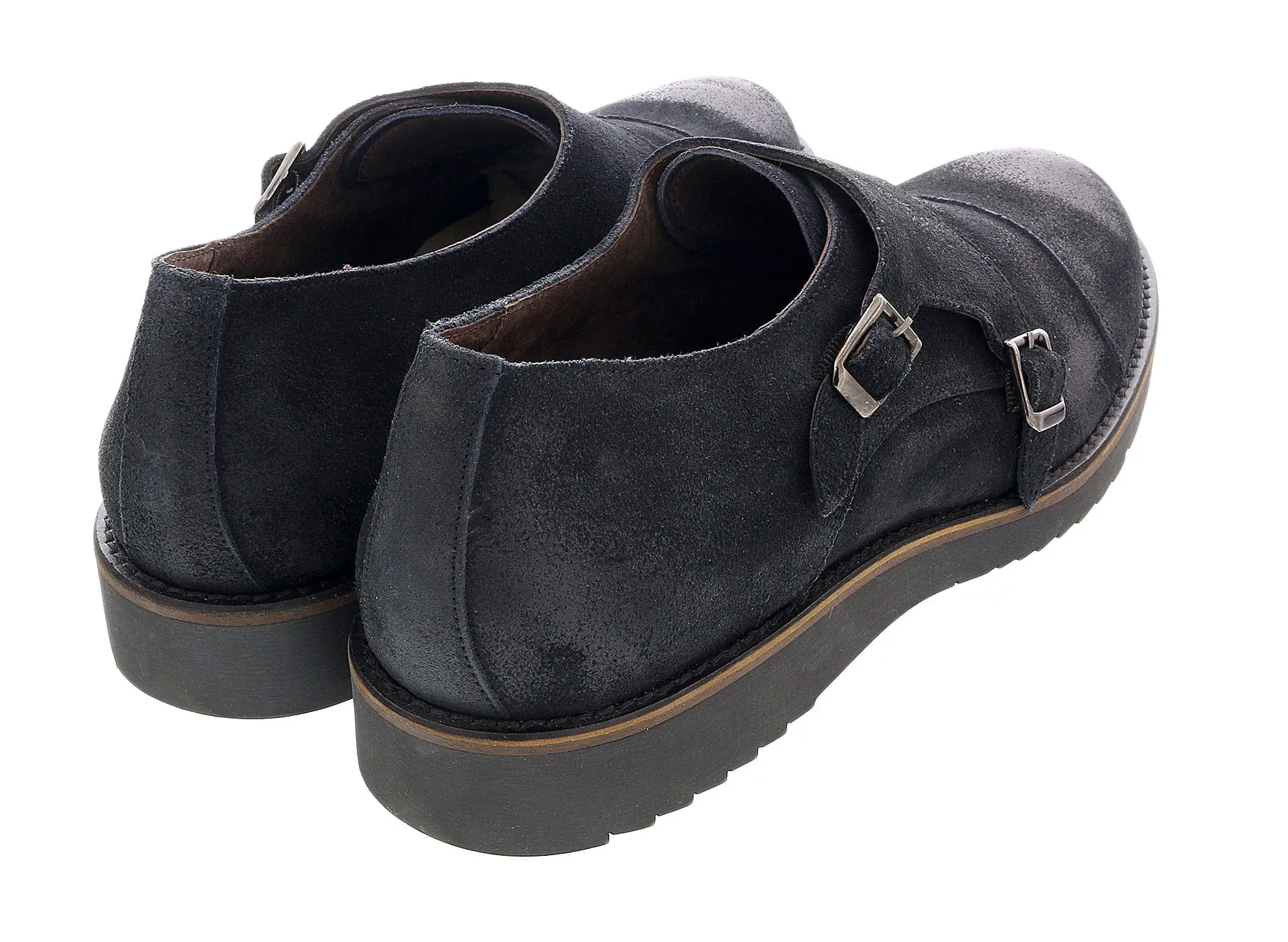DANIELA FARGION Black Leather Suede Double Monk Distressed Strap Shoes-