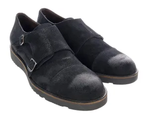 DANIELA FARGION Black Leather Suede Double Monk Distressed Strap Shoes-