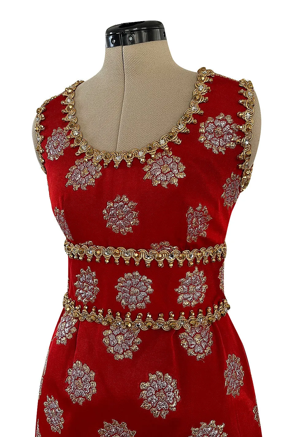 Exceptional Late 1960s Oscar de la Renta Red Silk Dress w Gold & Silver Detailing