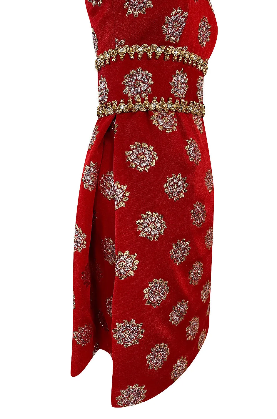 Exceptional Late 1960s Oscar de la Renta Red Silk Dress w Gold & Silver Detailing