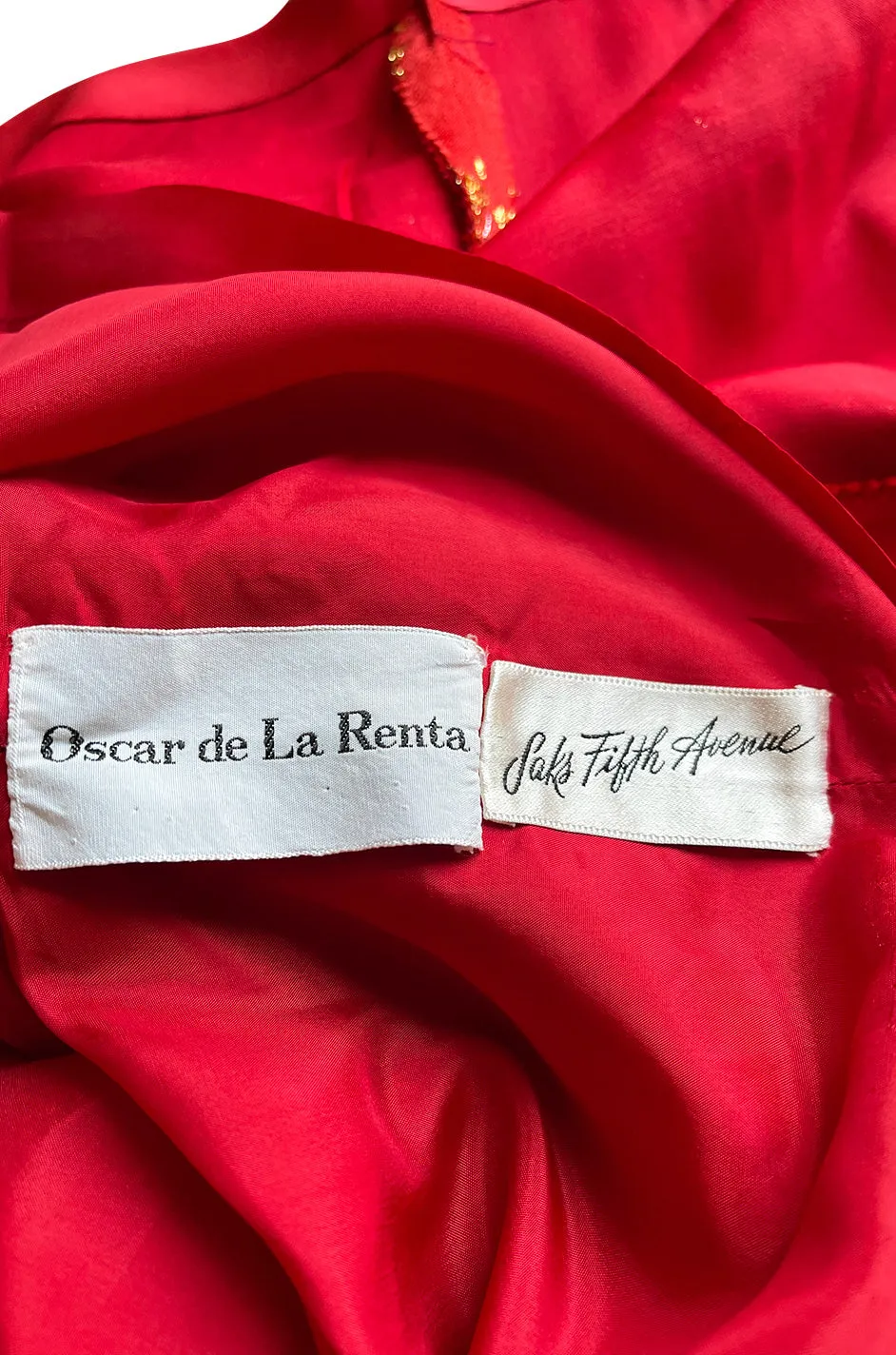 Exceptional Late 1960s Oscar de la Renta Red Silk Dress w Gold & Silver Detailing
