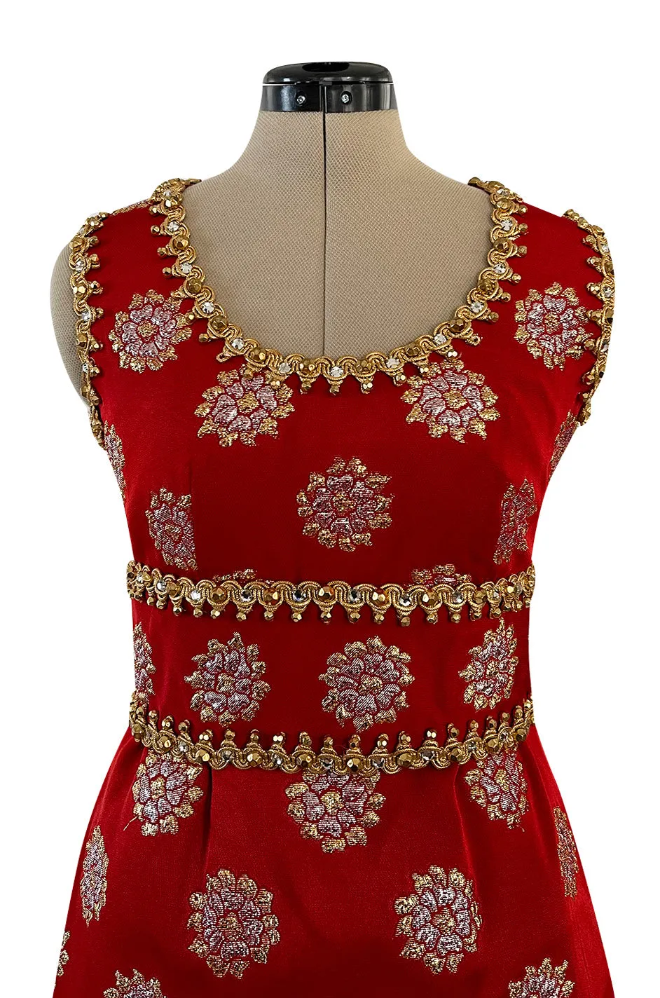 Exceptional Late 1960s Oscar de la Renta Red Silk Dress w Gold & Silver Detailing