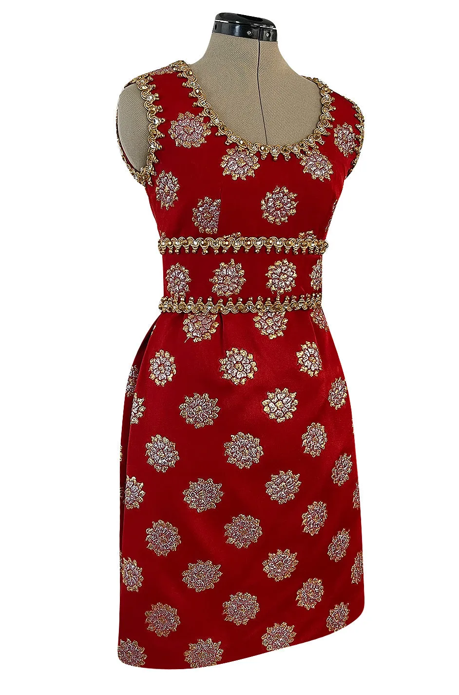 Exceptional Late 1960s Oscar de la Renta Red Silk Dress w Gold & Silver Detailing