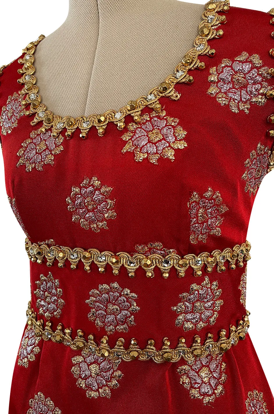 Exceptional Late 1960s Oscar de la Renta Red Silk Dress w Gold & Silver Detailing