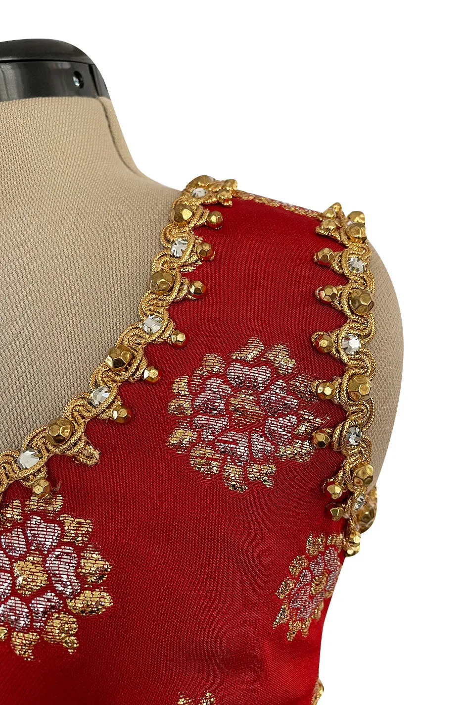 Exceptional Late 1960s Oscar de la Renta Red Silk Dress w Gold & Silver Detailing