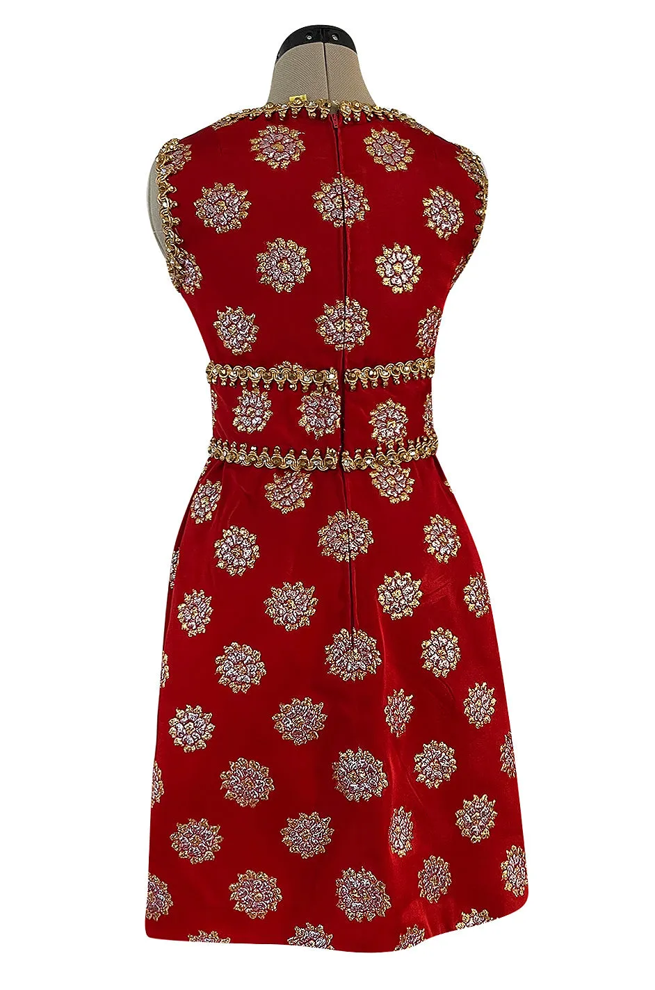 Exceptional Late 1960s Oscar de la Renta Red Silk Dress w Gold & Silver Detailing