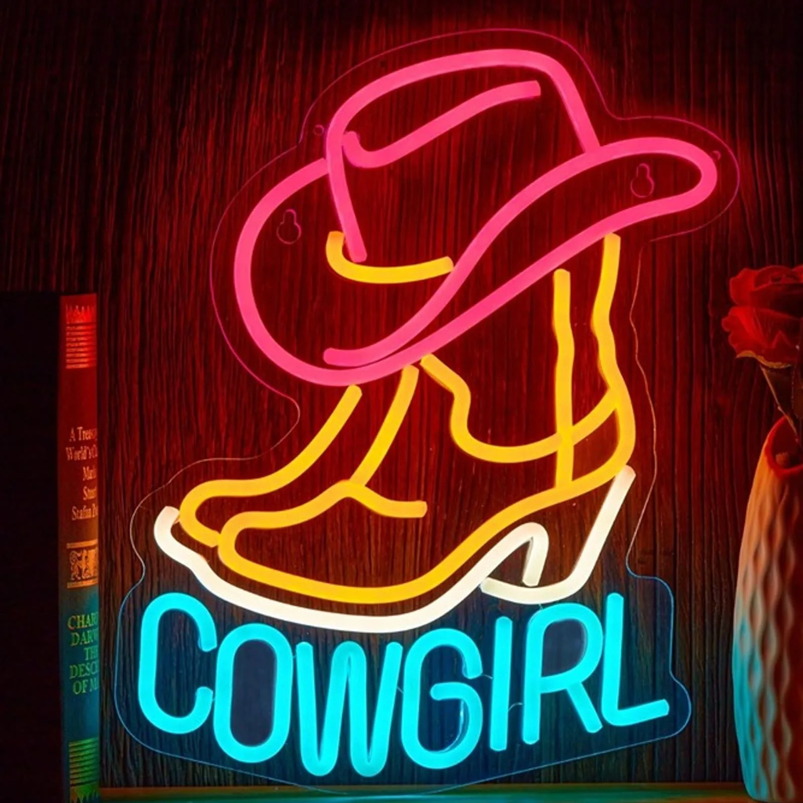 Fun Vivid Bright Quality Cowgirl Boots & Hat LED Night Light Room Wall Decor