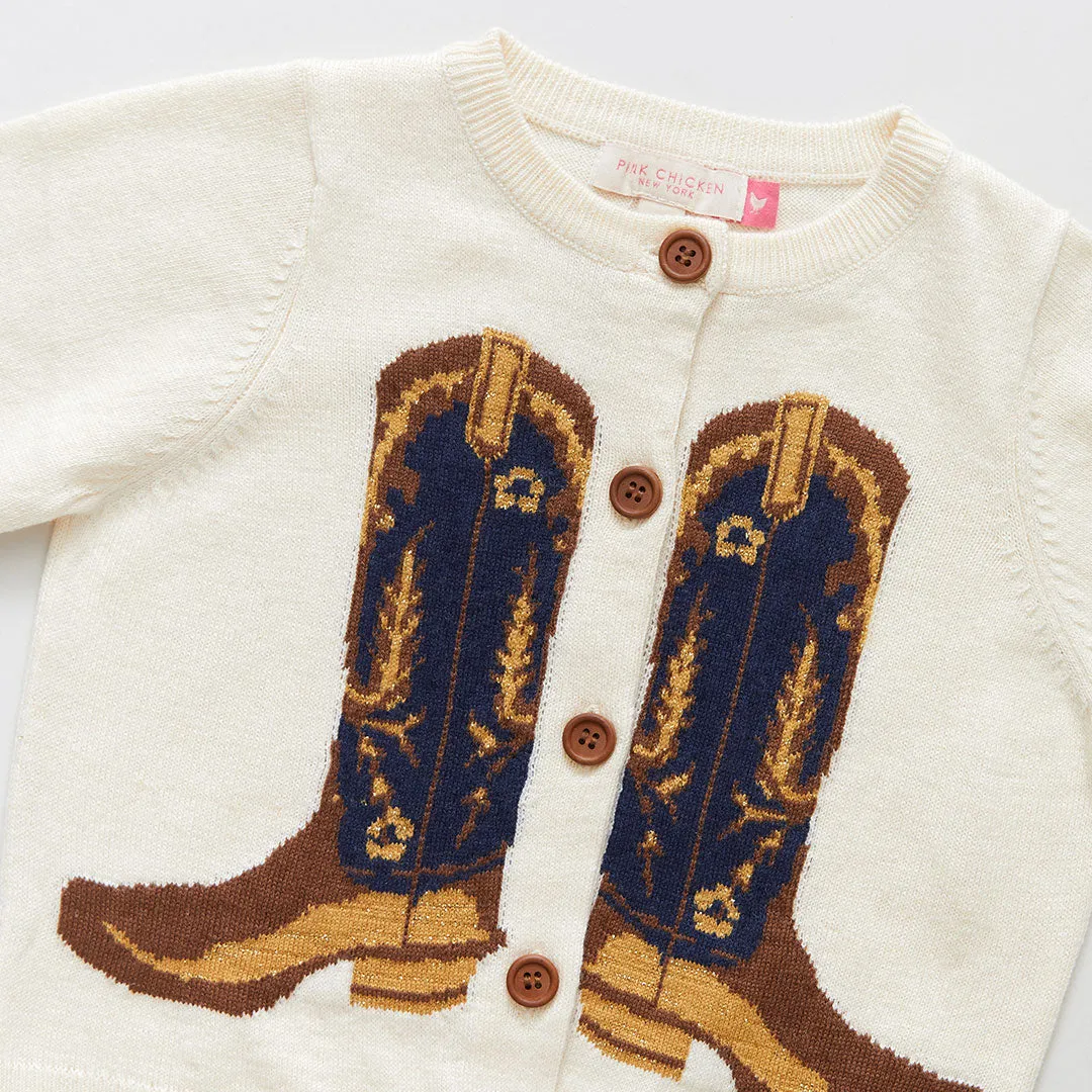 Girls Cowboy Boots Sweater - Cream