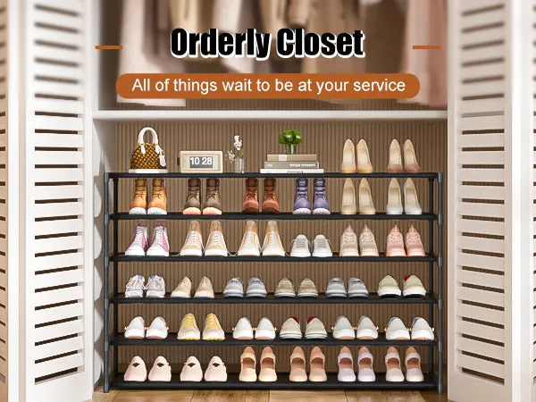 LUKYTOWER Long Shoe Rack 6 Tier Shoes Rack Organizer with Hook and Pocket, Stackable Shoe Storage Rack for Closet, Shoe Organizer Entryway Shoe Holder Shoe Shelf Stand Large Up to 42Pairs