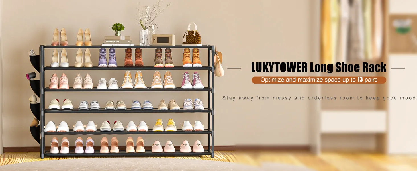 LUKYTOWER Long Shoe Rack 6 Tier Shoes Rack Organizer with Hook and Pocket, Stackable Shoe Storage Rack for Closet, Shoe Organizer Entryway Shoe Holder Shoe Shelf Stand Large Up to 42Pairs