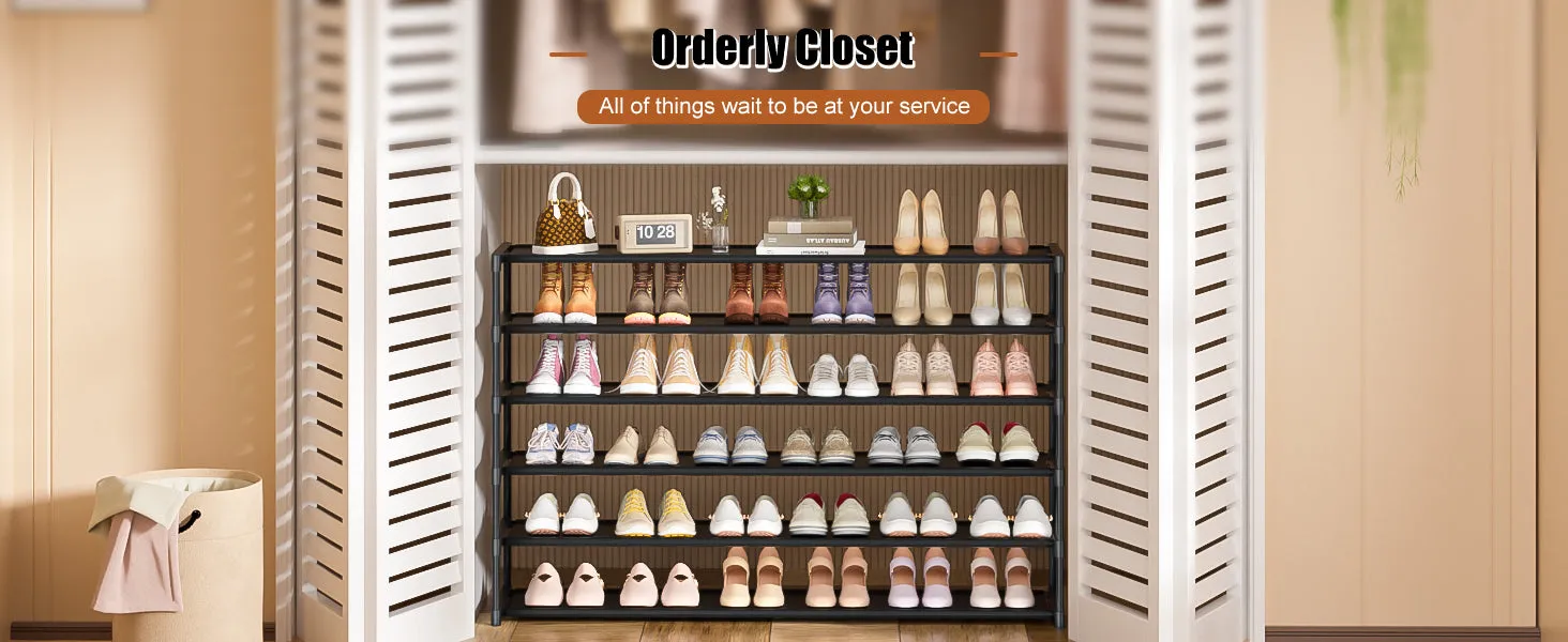 LUKYTOWER Long Shoe Rack 6 Tier Shoes Rack Organizer with Hook and Pocket, Stackable Shoe Storage Rack for Closet, Shoe Organizer Entryway Shoe Holder Shoe Shelf Stand Large Up to 42Pairs