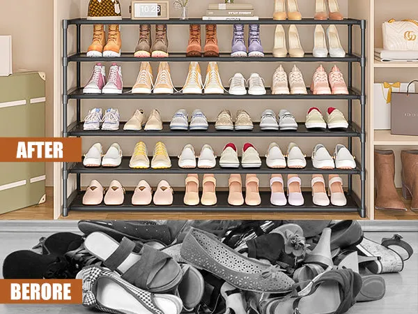 LUKYTOWER Long Shoe Rack 6 Tier Shoes Rack Organizer with Hook and Pocket, Stackable Shoe Storage Rack for Closet, Shoe Organizer Entryway Shoe Holder Shoe Shelf Stand Large Up to 42Pairs