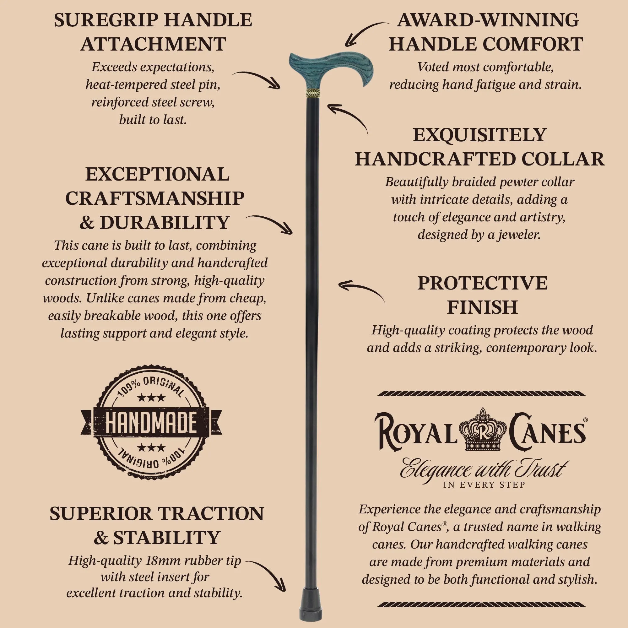 Royal Canes Classic Derby: Wood-Stained, Pewter Collar, 6 Color Options