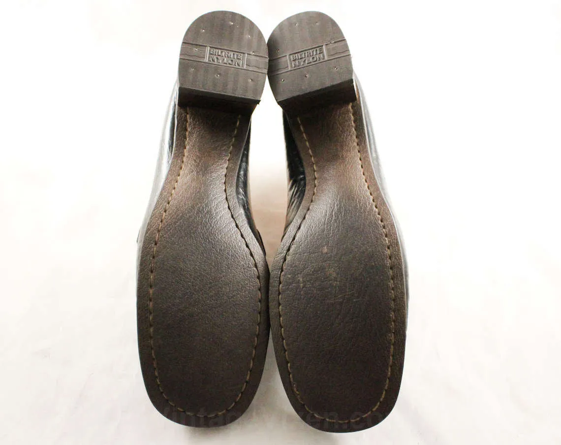Size 8 Black Loafers - Unworn 1960s Leather Shoes - Hipster 60s Pumps - Loafer Style - Metal Buckles - Hip 70s Secretary - NOS - 47731-1