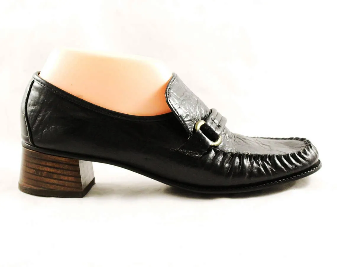 Size 8 Black Loafers - Unworn 1960s Leather Shoes - Hipster 60s Pumps - Loafer Style - Metal Buckles - Hip 70s Secretary - NOS - 47731-1