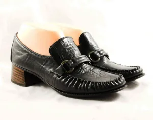 Size 8 Black Loafers - Unworn 1960s Leather Shoes - Hipster 60s Pumps - Loafer Style - Metal Buckles - Hip 70s Secretary - NOS - 47731-1