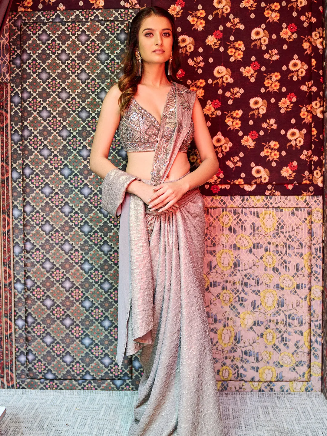 Striking Golden Brown Drape Saree