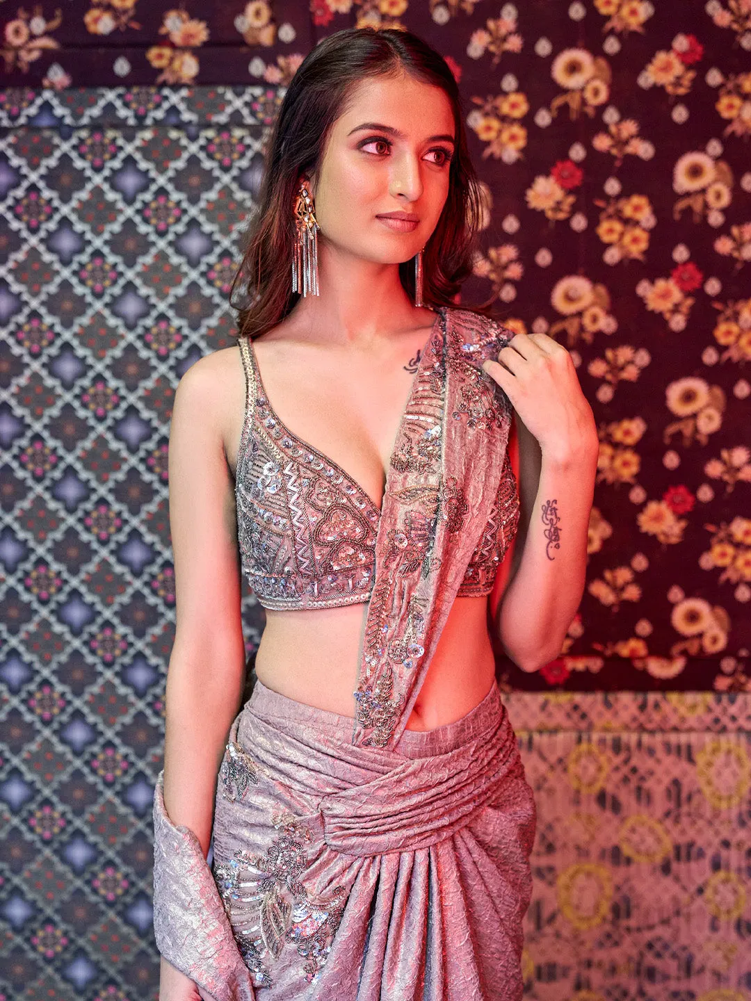 Striking Golden Brown Drape Saree