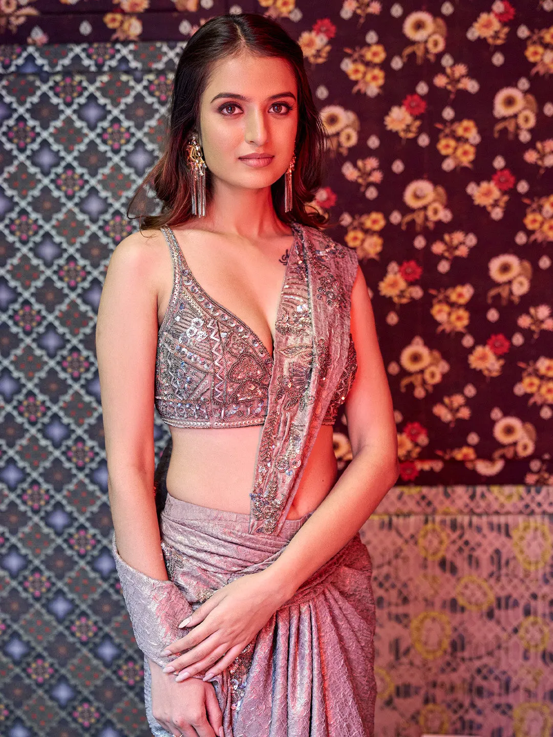 Striking Golden Brown Drape Saree
