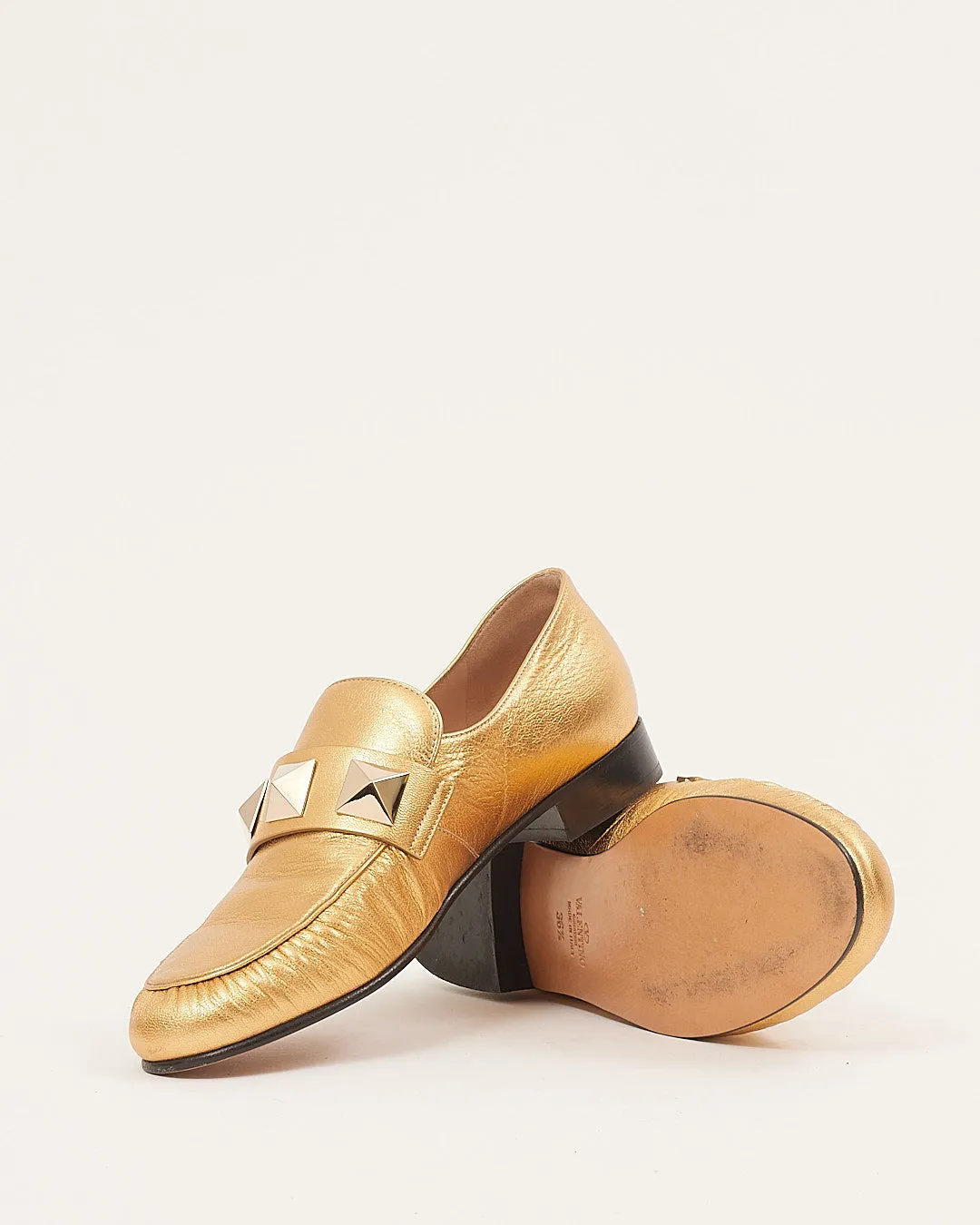 Valentino Gold Metallic Leather Studded Loafers - 36.5