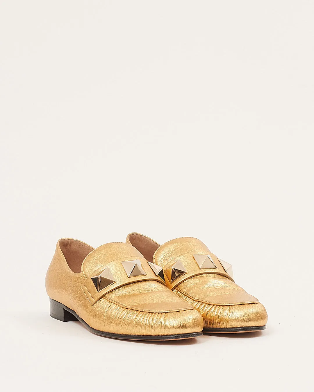 Valentino Gold Metallic Leather Studded Loafers - 36.5