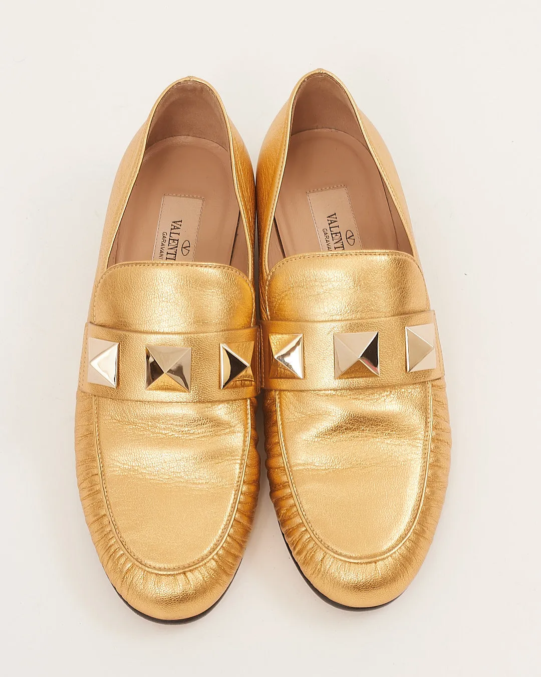 Valentino Gold Metallic Leather Studded Loafers - 36.5